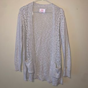 Tan cardigan with silver and gold beads